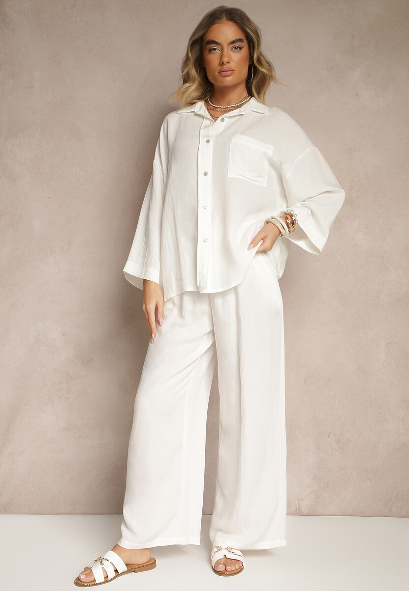 Biały Komplet z Wiskozy Spodnie o Szerokim Kroju i Koszula Novesca