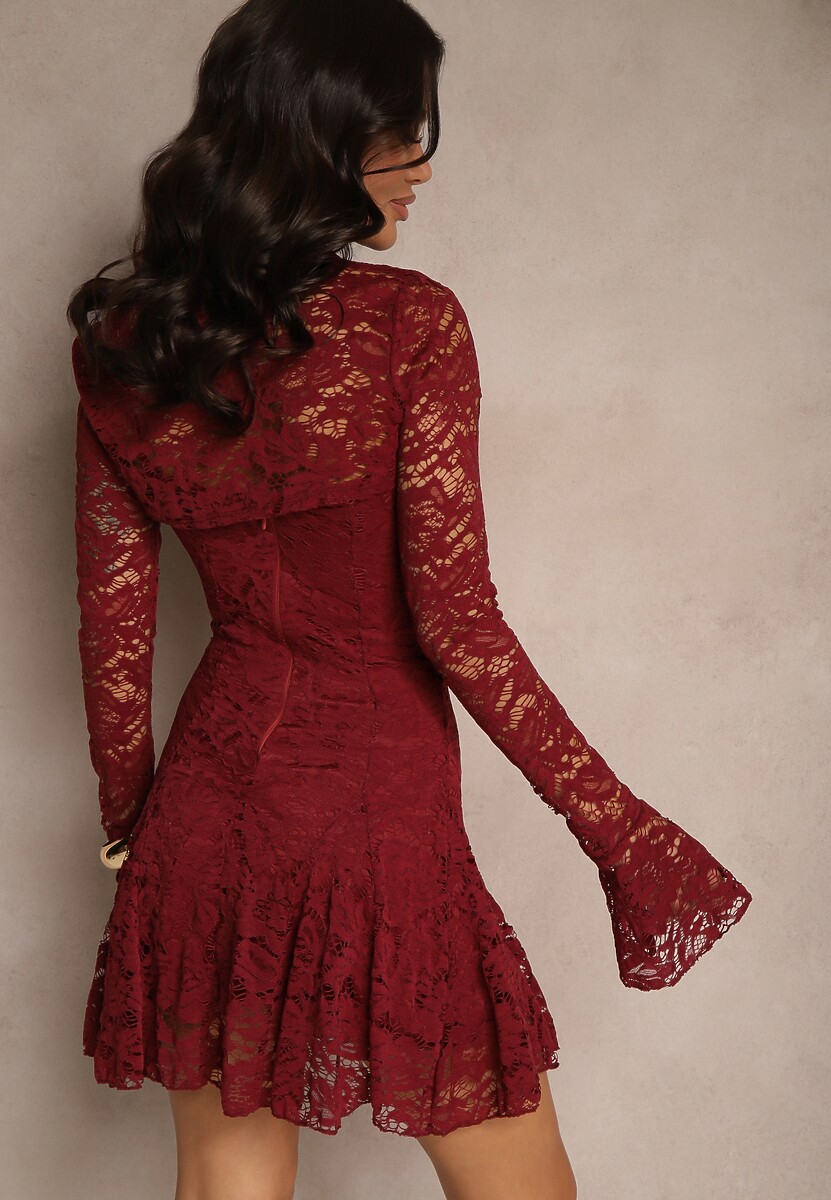 Bordowa Koktajlowa Koronkowa Sukienka o Rozkloszowanym Kroju Nelfedi