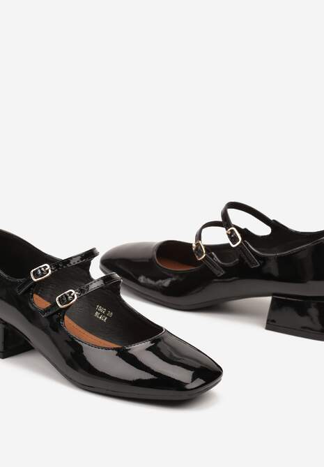Czarne Lakierowane Czółenka na Niskim Słupku ze Sprzączkami Nevsha
