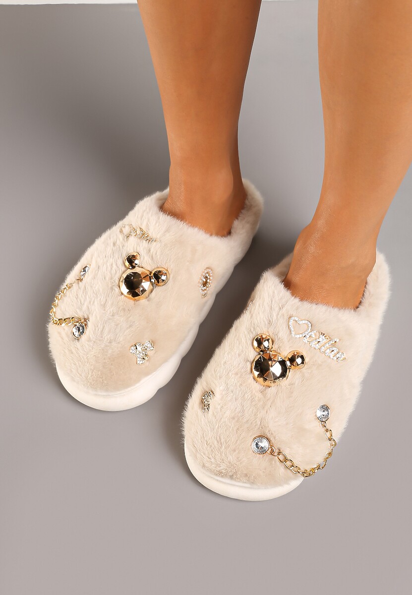 Beżowe Kapcie na Płaskiej Podeszwie z Futerkiem Ozdobione Łańcuszkiem i Cyrkoniami Reanivia