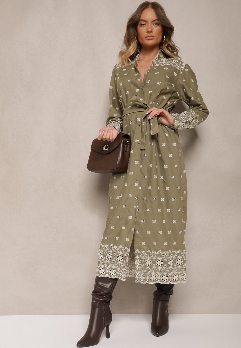 Zielona Koszulowa Sukienka Zdobiona Haftowanym Wzorem Wiązana w Pasie Tinnora