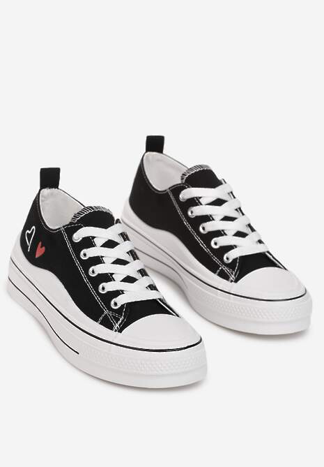 Czarne Sznurowane Trampki przed Kostkę na Płaskiej Podeszwie z Serduszkami Disori