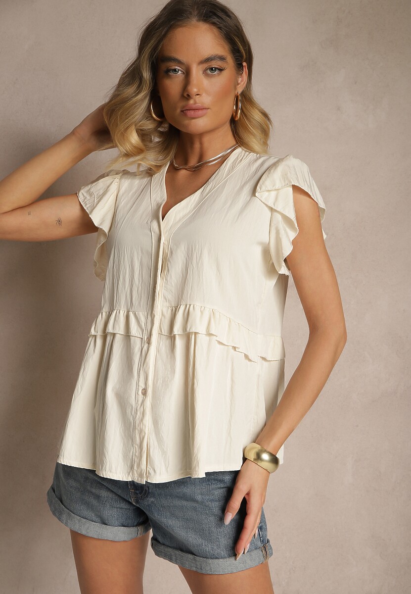 Niebieska Koszula z Wiskozą Zdobiona Falbankami z Dekoltem w Serek Alisetta