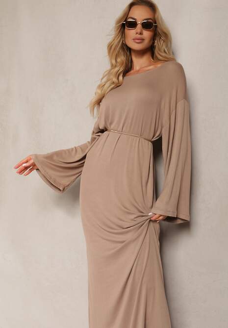 Ciemnobeżowa Pudełkowa Sukienka z Wiskozy z Długim Rękawem Nestaira
