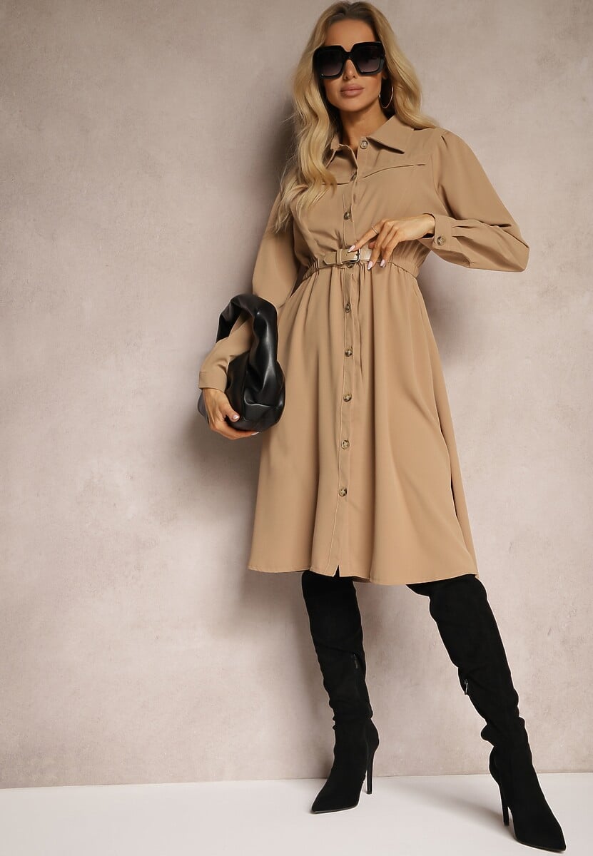 Brązowa Koszulowa Sukienka z Gumką w Talii i Paskiem z Klamerką Jenele