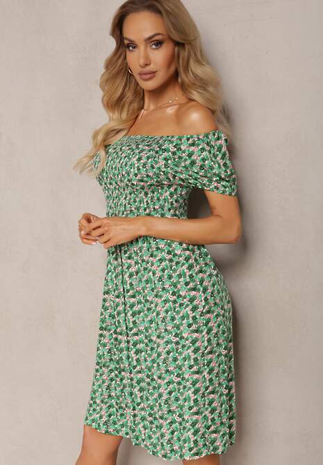 Zielona Sukienka Typu Hiszpanka z Wiskozy z Gumkami w Talii Wiariana