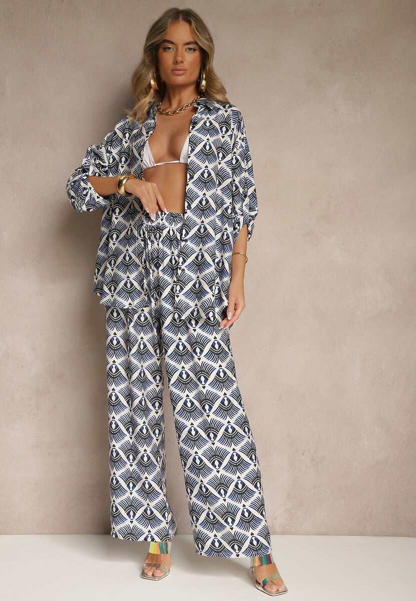 Czarny Komplet z Wiskozą Koszula i Spodnie Zdobiony Ornamentalnym Printem Elezoria