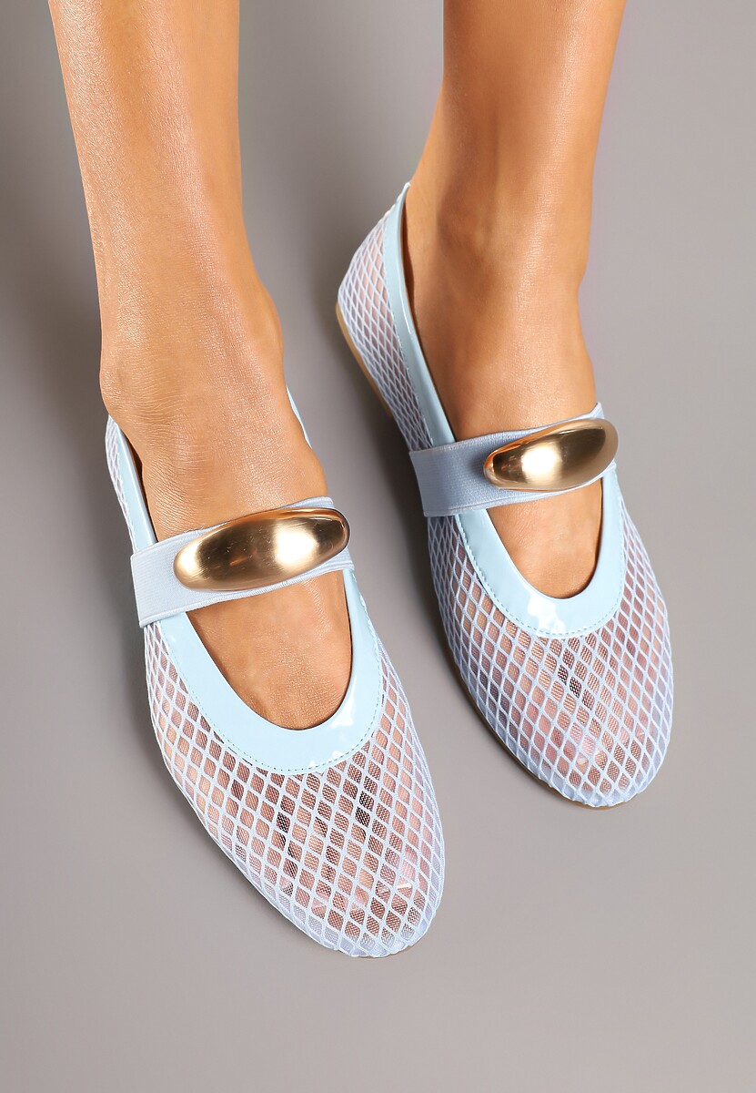 Niebieskie Siateczkowe Balerinki z Metaliczną Ozdobą i Paskiem Irelisa