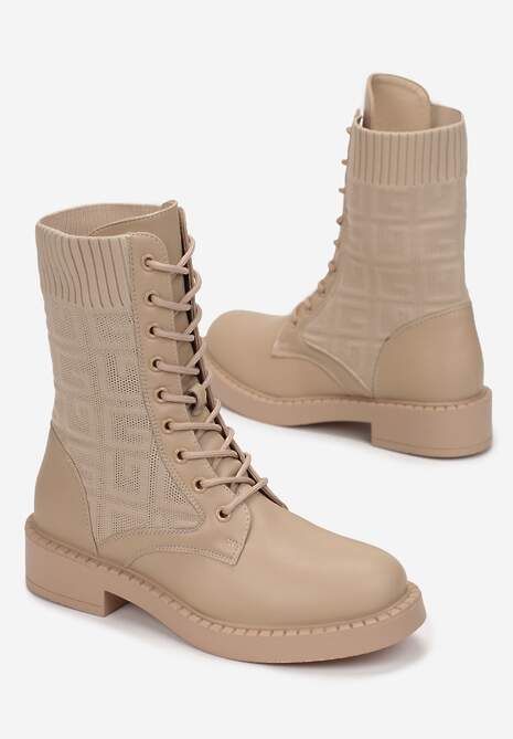 Ciemnobeżowe Botki Sznurowane z Elastyczną Cholewką Moirona