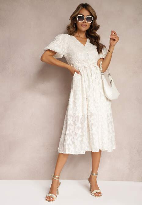 Jasnobeżowa Koronkowa Sukienka Midi z Wiskozy Olikis