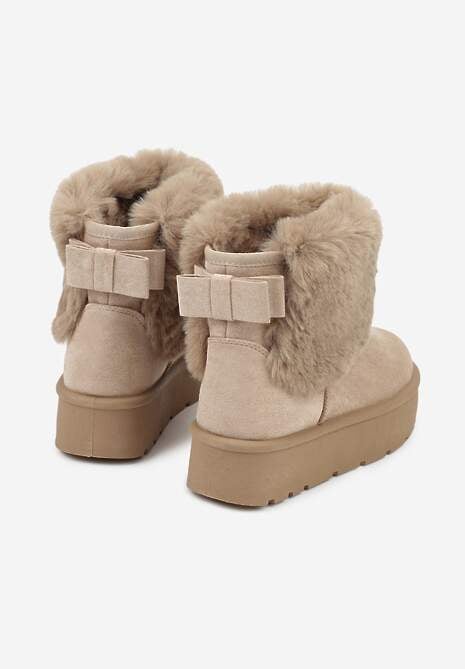 Ciemnobeżowe Śniegowce z Cholewką za Kostkę Ocieplane z Futerkiem i Małą Kokardą Reinedia