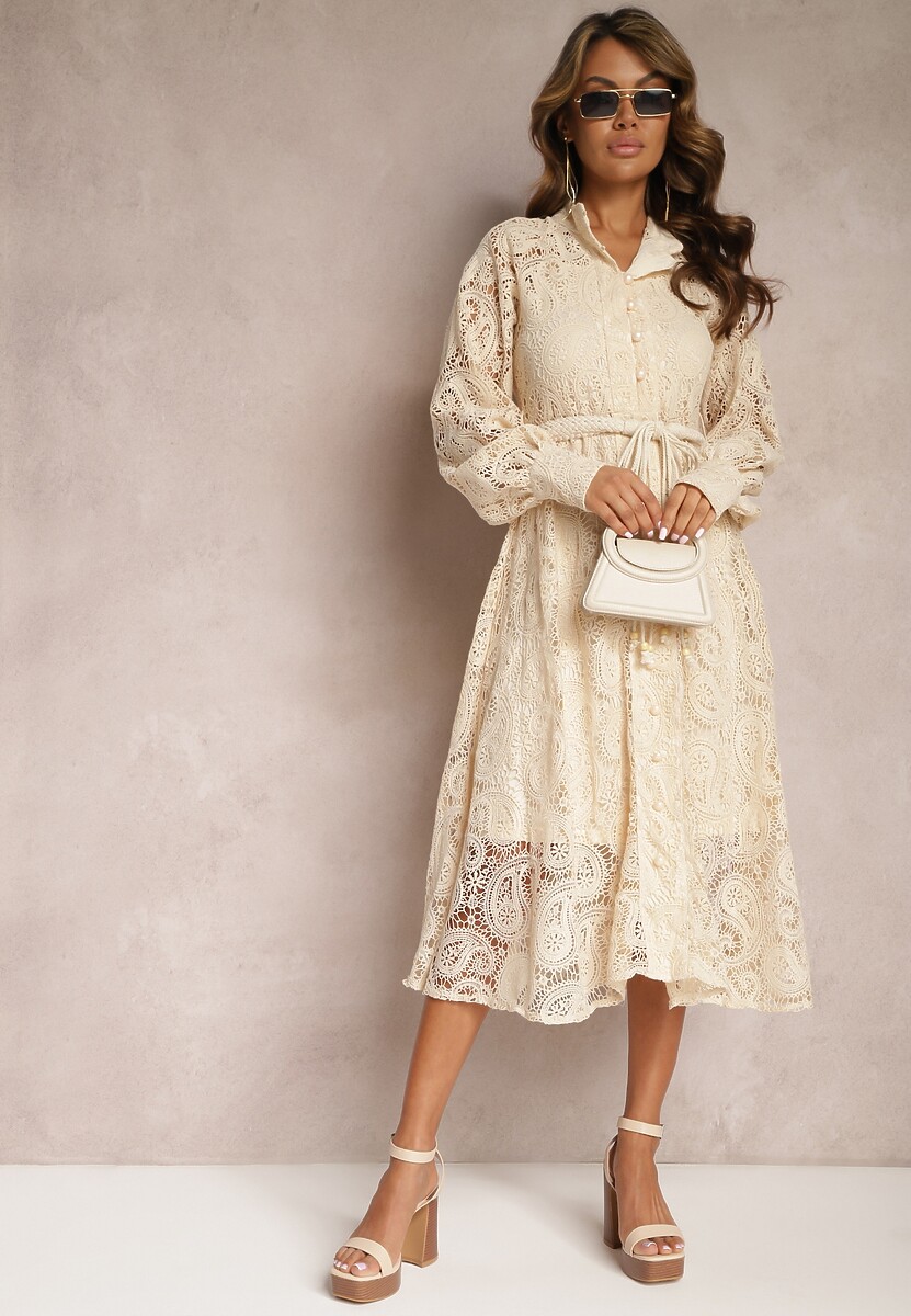 Jasnobeżowa Koronkowa Sukienka Midi z Ozdobnym Wiązaniem Camaela