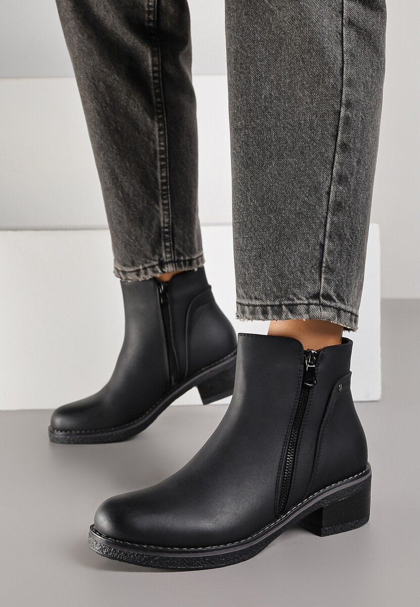 Czarne Botki z Niską Cholewką z Ozdobnym Suwakiem Ilonela