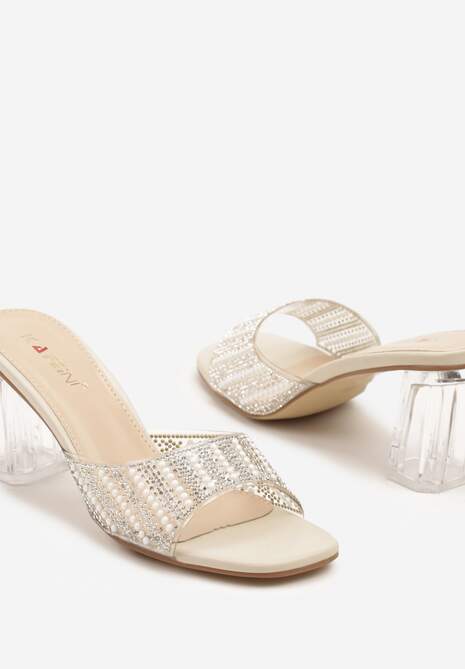Beżowe Transparentne Klapki na Słupku Ozdobione Cyrkoniami Sarfia