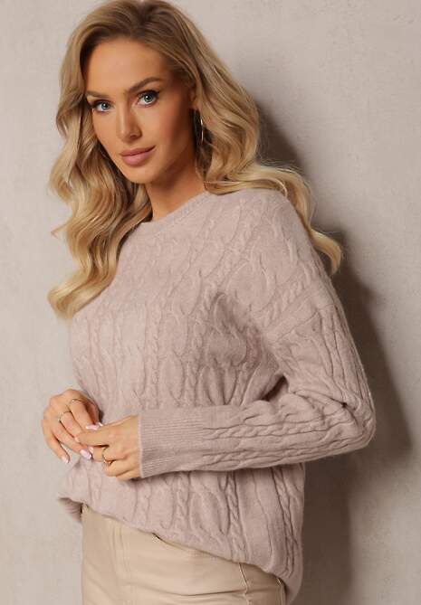 Beżowy Sweter z Okrągłym Dekoltem i Splotem w Warkocze Dawnitta