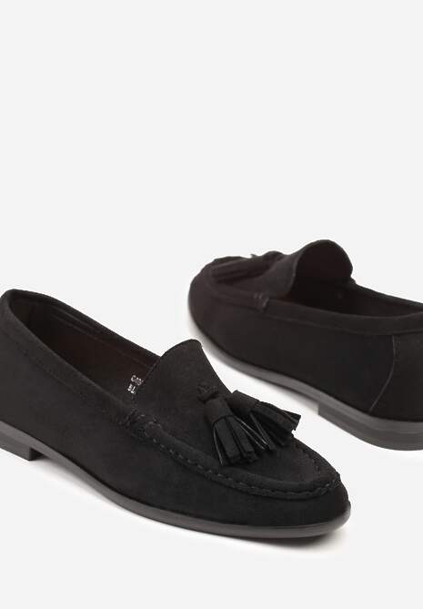 Czarne Mokasyny z Imitacji Zamszu z Aplikacją z Frędzlami Nalonissa