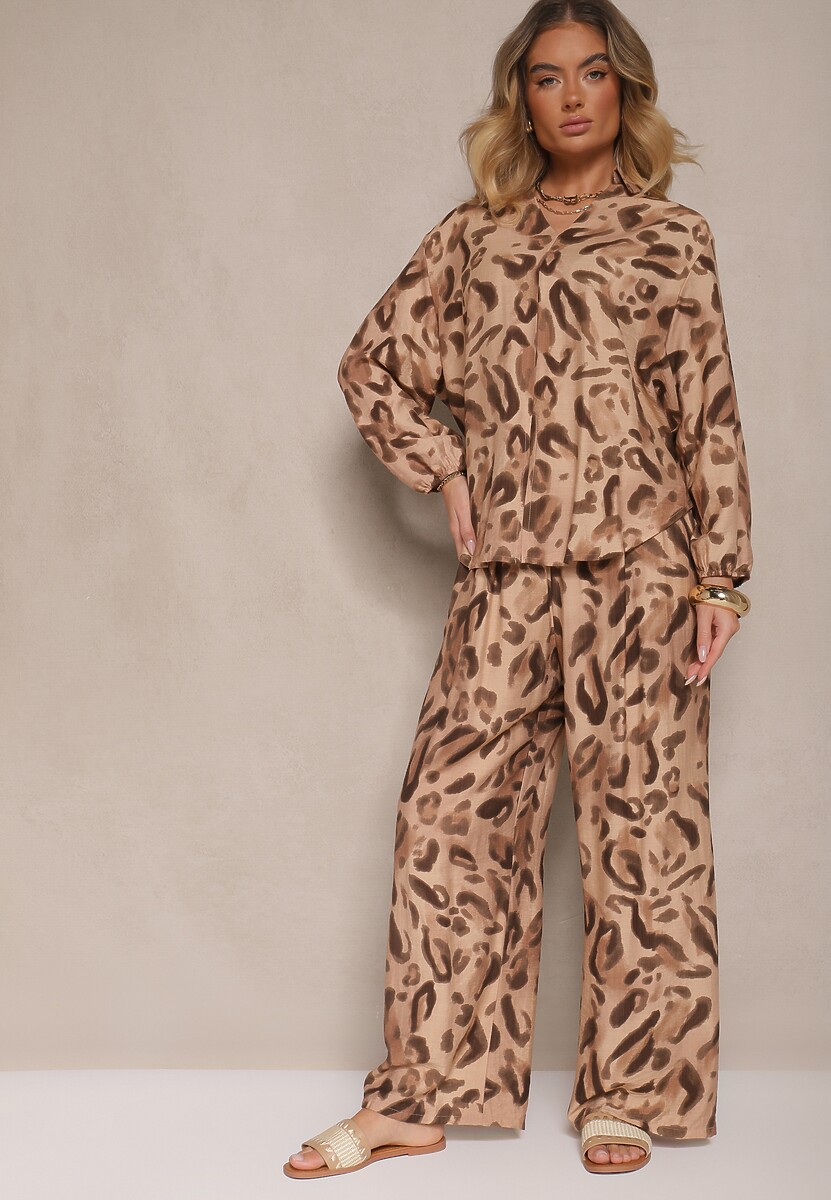 Brązowy Komplet w Panterkę z Wiskozą Szerokie Spodnie i Koszula z Dłuższym Tyłem Eviara