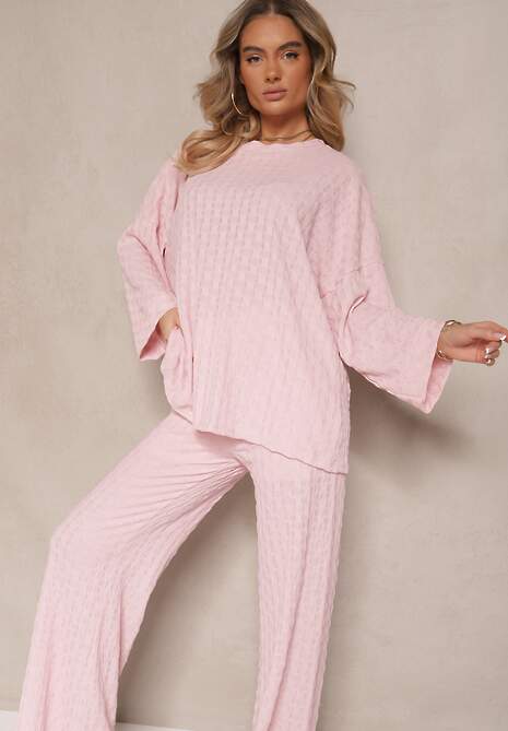 Różowy Komplet ze Spodniami o Szerokim Kroju i Bluzką z Długim Rękawem Caniffia