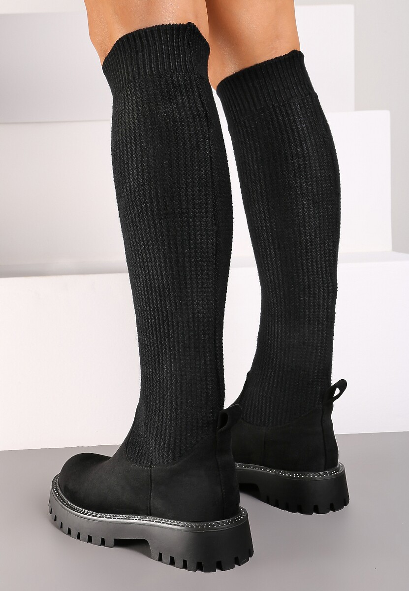 Czarne Kozaki na Platformie ze Skarpetową Cholewką Ozdobione Cyrkoniami Lerivara