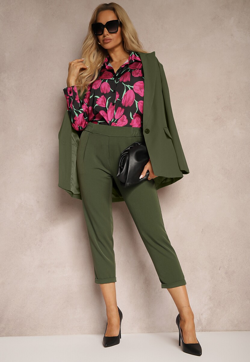 Zielone Spodnie o Długości 3/4 z Kieszeniami i Gumką w Talii Saivon