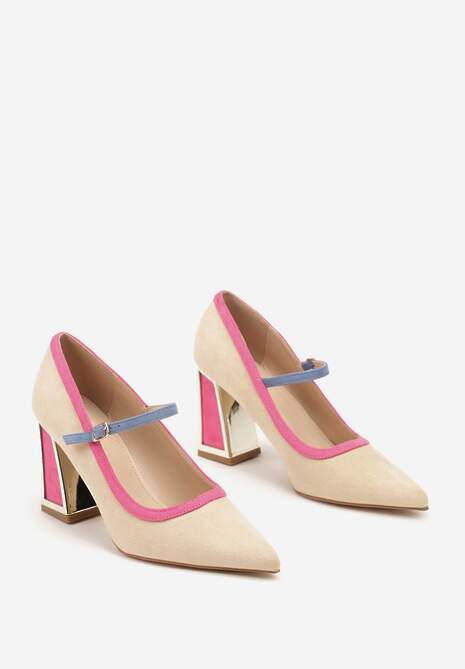 Beżowe Czółenka na Słupku z Metaliczną Wstawką i Paskiem Linnelea