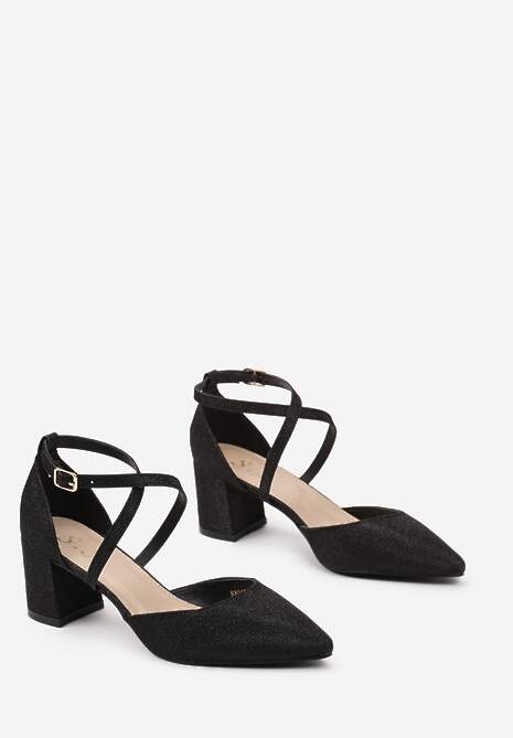 Czarne Brokatowe Czółenka na Słupku ze Szpiczastym Noskiem Felaria