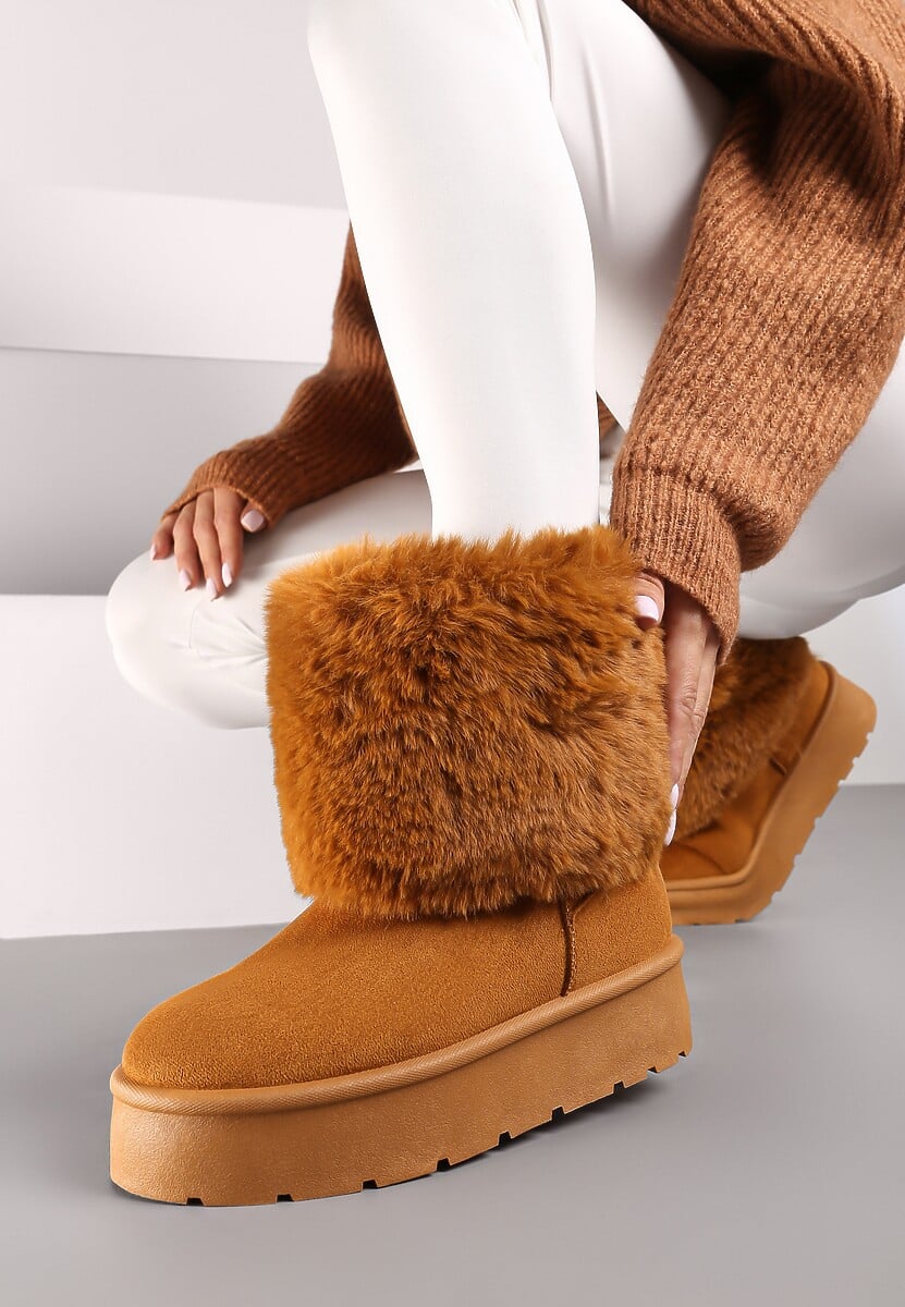 Czarne Śniegowce na Grubej Podeszwie Ozdobione Futerkiem Naolani