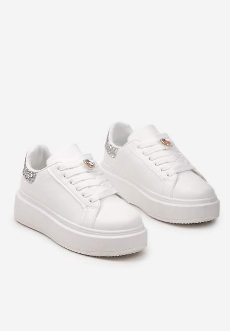 Biało-Srebrne Sneakersy z Brokatową Wstawką i Cyrkonią przy Sznurówkach Wineta