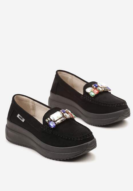 Czarne Mokasyny na Niskiej Platformie z Obszytym Przodem i Kryształkami Keelana