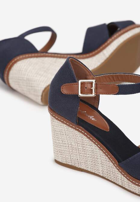 Granatowe Sandały na Plecionej Koturnie Lomatre