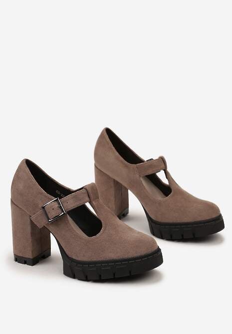 Ciemnobeżowe Półbuty na Słupku i Platformie ze Sprzączką i Wkładką ze Skóry Naturalnej Kaeilta