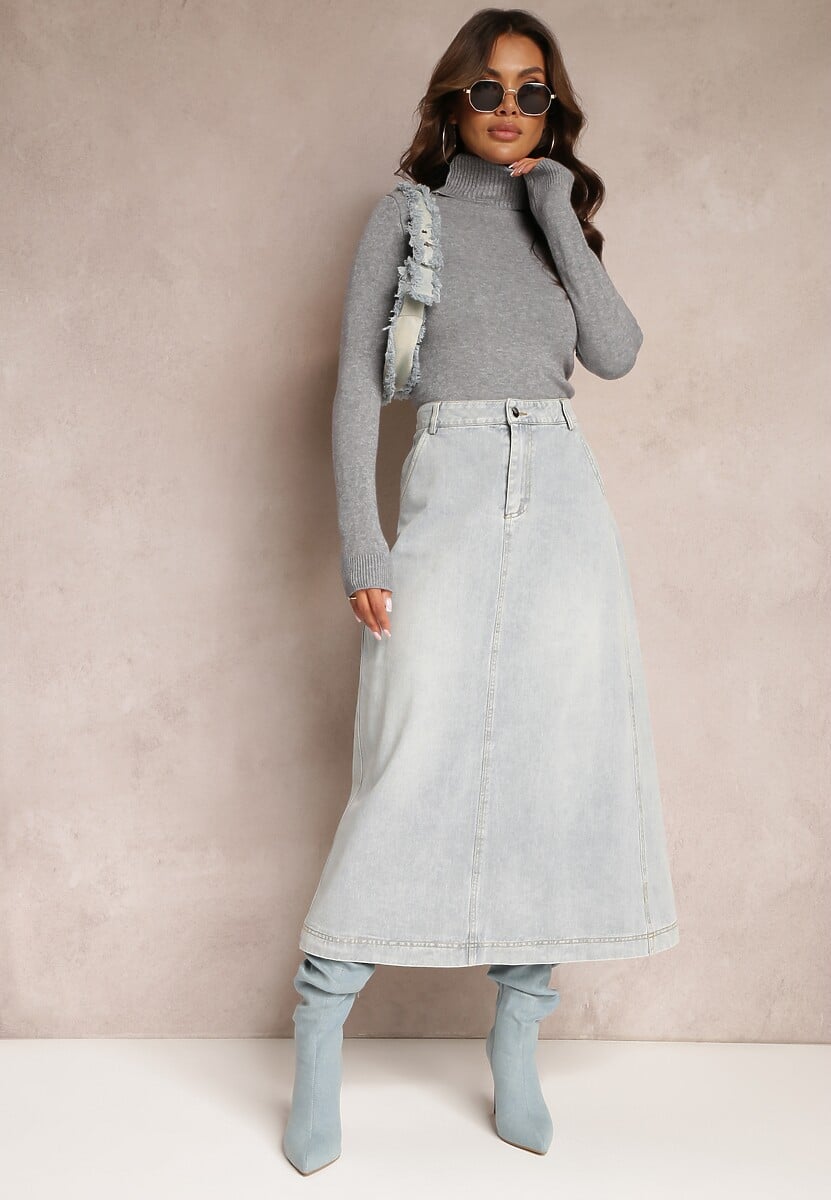 Jasnoniebieska Jeansowa Spódnica Maxi o Rozkloszowanym Kroju z Paskiem Teviva