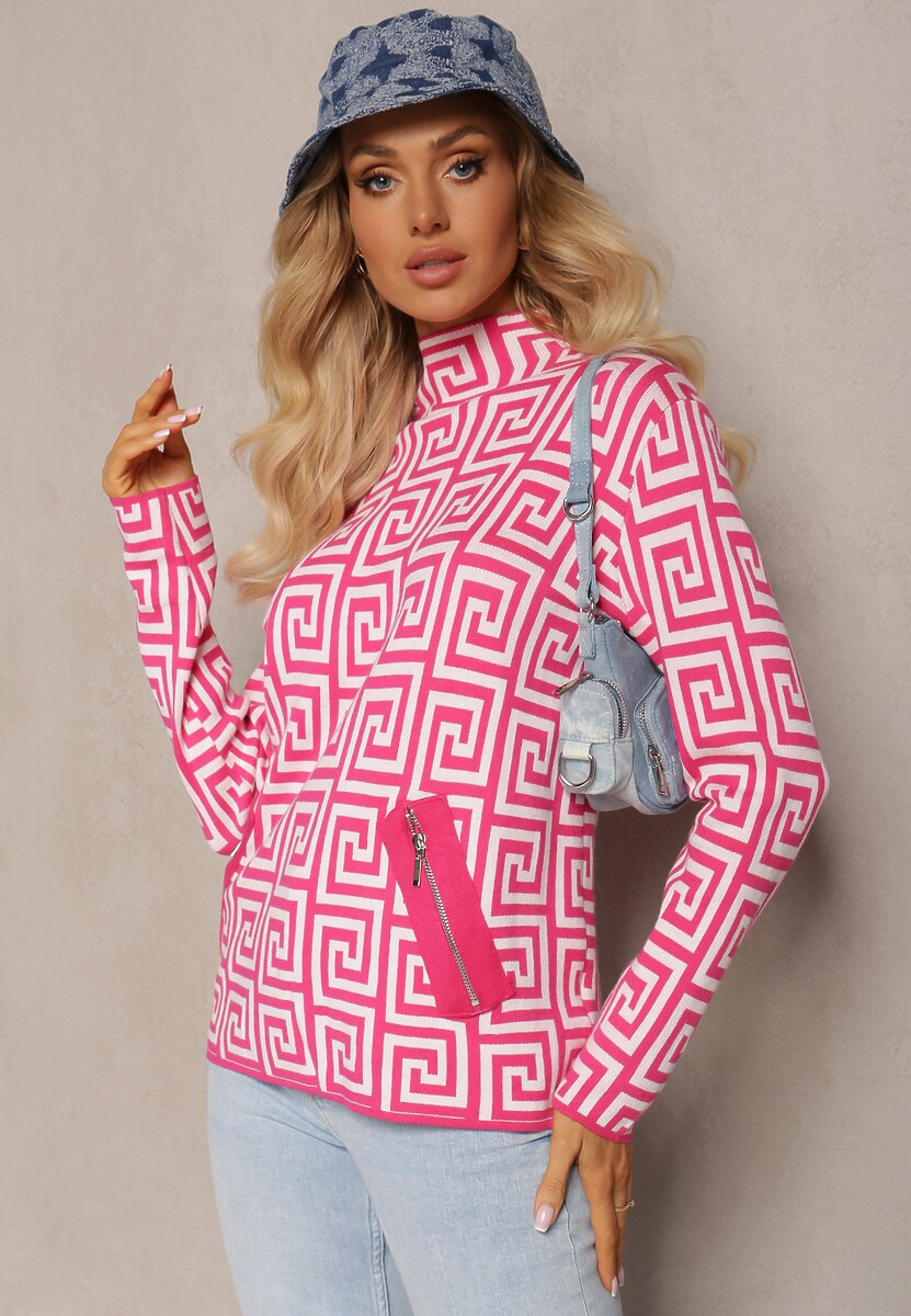 Fuksjowy Sweterkowy Półgolf z Dzianiny o Geometrycznym Motywie i Dodatkowymi Zamkami Vulla