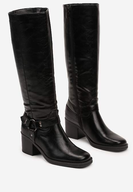 Czarne Kozaki na Obcasie w Stylu Bikerów z Okrągłą Klamrą Eziella