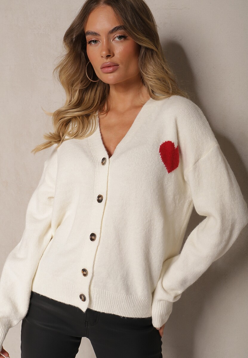 Beżowy Rozpinany Kardigan Ozdobiony Sercem Miathia