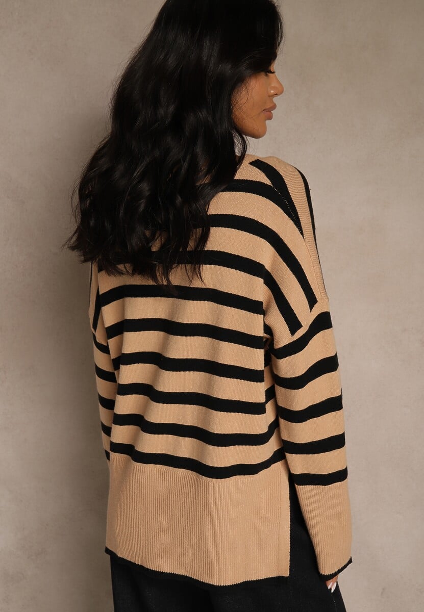 Beżowo-Czarny Sweter Oversize w Paski Kalitusa
