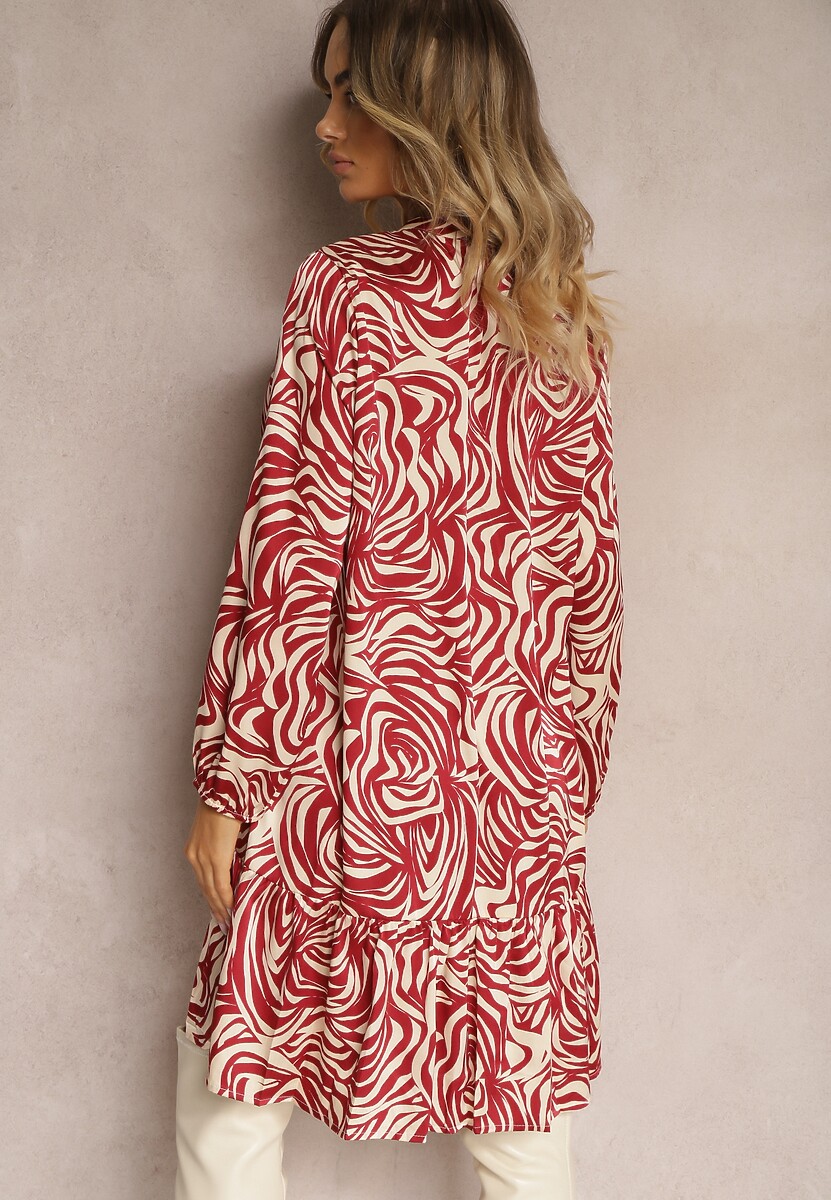 Bordowo-Beżowa Rozkloszowana Sukienka Mini w Koszulowym Stylu z Falbanką i Ozdobnym Wzorem Bevina