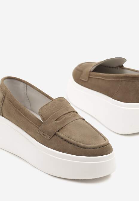 Ciemnobeżowe Półbuty w Stylu Mokasynów na Platformie ze Skóry Naturalnej Nilovira