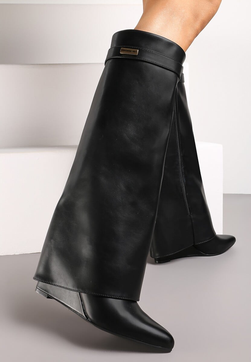 Czarne Wysokie Kozaki z Wywiniętą Cholewką na Koturnie Mistico