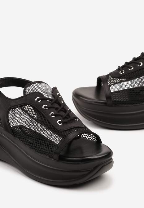 Czarne Sandały na Platformie w Stylu Sneakersów Peep Toe Sorezia