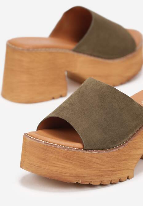 Zielone Klapki na Słupkowym Obcasie i Platformie z Odkrytym Noskiem Makia