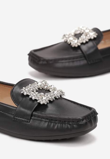 Czarne Płaskie Mokasyny z Kwadratowym Noskiem Ozdobionym Kryształkami Celeshta