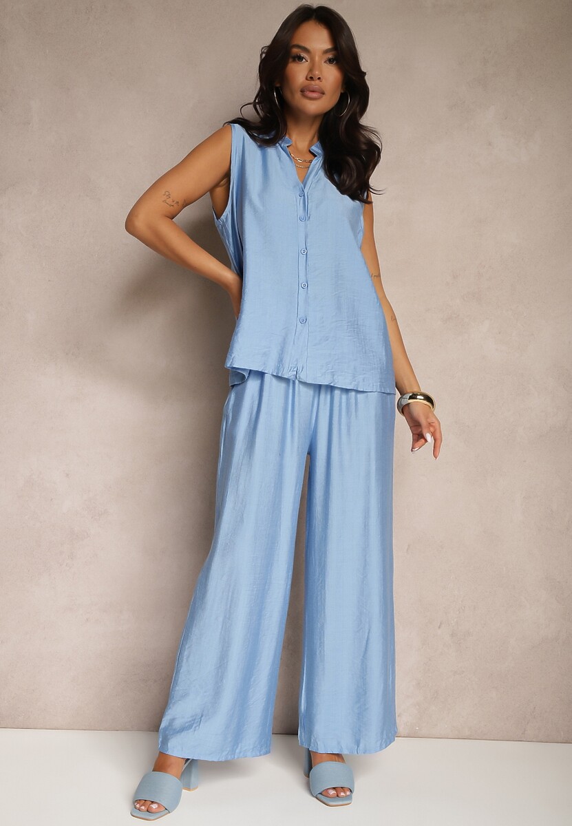 Niebieski Komplet Szerokie Spodnie i Koszula Bez Rękawów Zivanna
