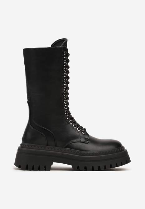 Czarne Botki Typu Traperki na Grubej Podeszwie z Ozdobnym Łańcuszkiem Elonika