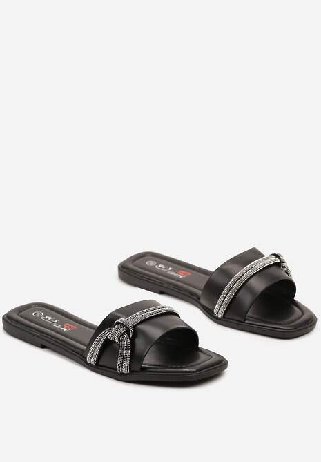 Czarne Klapki na Płaskiej Podeszwie z Imitacji Skóry z Ozdobnymi Cyrkoniami Hanita