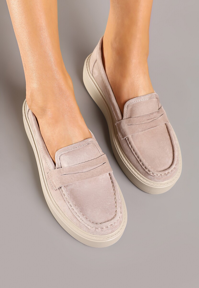 Beżowe Mokasyny na Grubej Podeszwie z Wkładką ze Skóry Naturalnej Polvia