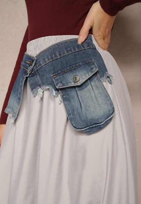 Szara Spódnica o Kroju Bombki z Jeansową Talią i Kieszeniami Ansarise