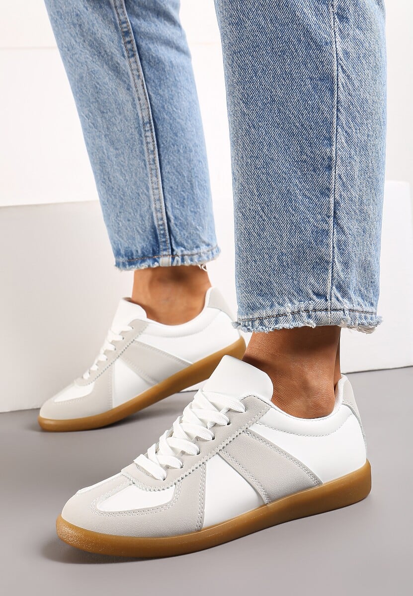 Szaro-Białe Sneakersy Tenisówki z Ozdobnymi Przeszyciami Sumina
