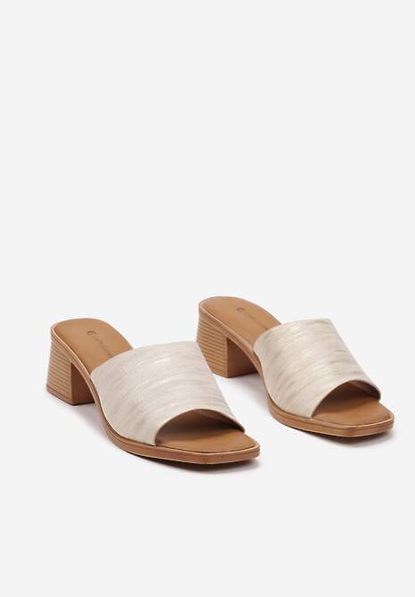 Beżowe Klapki z Imitacji Skóry na Słupku Moancia