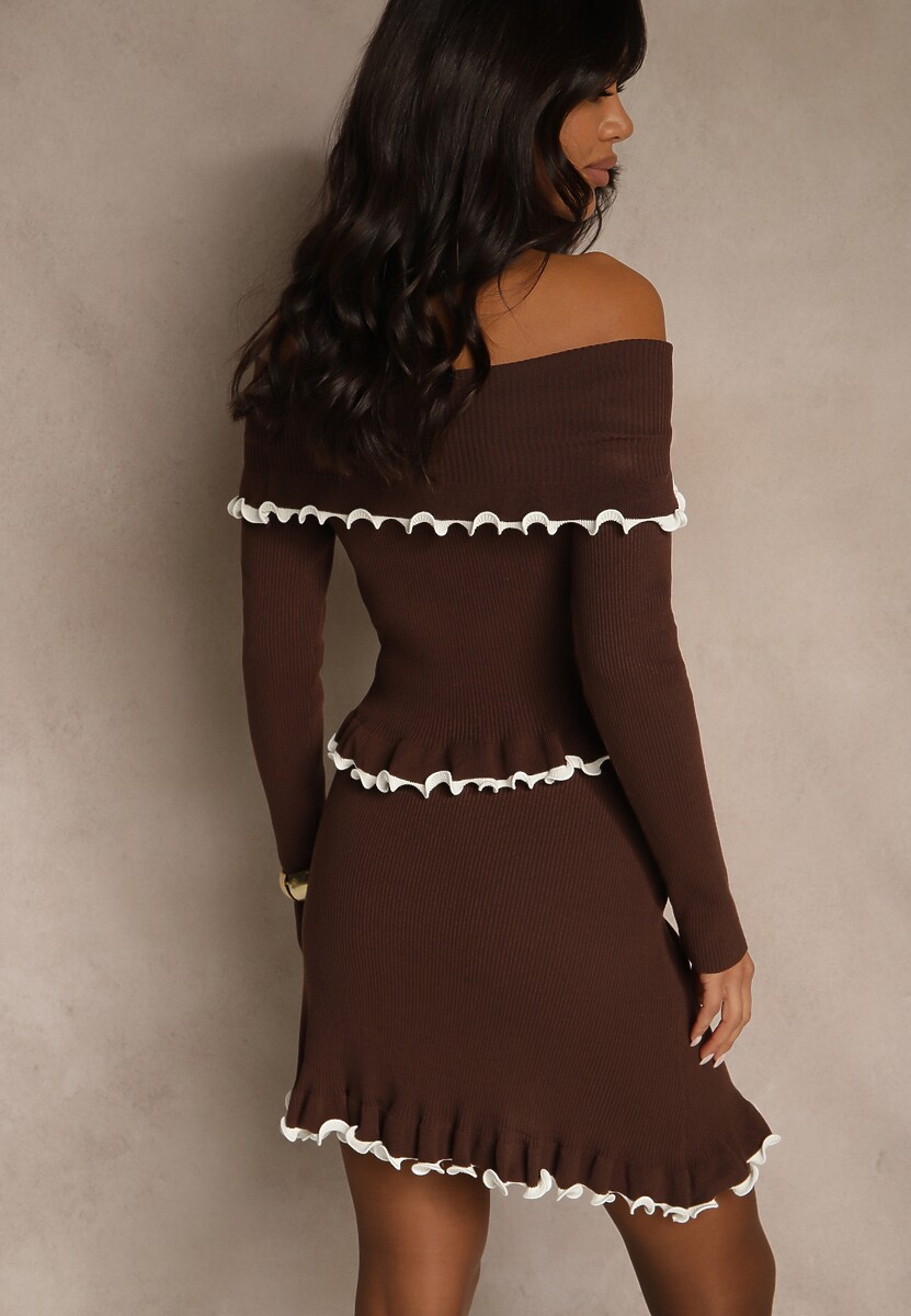 Brązowy Komplet Dzianinowy z Wiskozą Bluzka z Odkrytymi Ramionami i Spódnica Zozalina